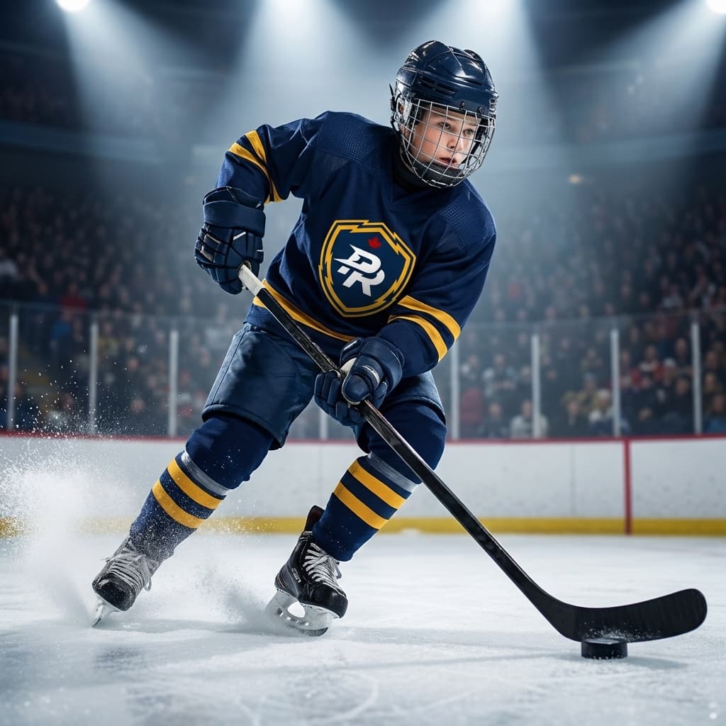 Young hockey player skating with PuckReady jersey